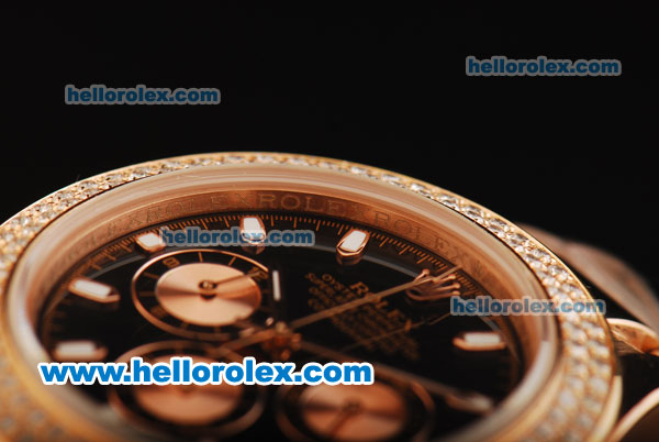 Rolex Daytona Chronograph Miyota Quartz Movement Full Rose Gold with Black Dial and Double Row Diamond Bezel - White Markers - Click Image to Close